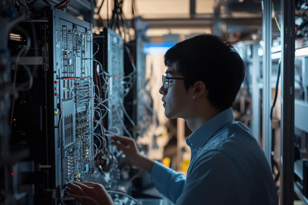 Technician deinstalling servers and racks